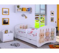 Happy Babies Lit d'enfant - Avec protection anti-chute - 140 x 70 cm - Avec tiroir et matelas - Lit simple pour enfant - Blanc Sweet BUBU (N.1)