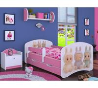 Happy Babies Lit d'enfant - Avec protection anti-chute - 140 x 70 cm - Lit pour chambre d'enfant garçon - Avec tiroir et matelas - Lit simple pour enfant - Blanc/rose - Sweet BUBU (N.1)
