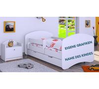 Happy Babies Lit d'enfant - Avec protection anti-chute - 140 x 70 cm - Pour chambre d'enfant - Avec tiroir et matelas - Lit simple pour enfants - Propre graphique - Photo du nom de l'enfant (blanc)