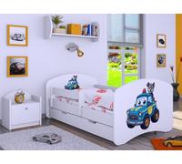 Happy Babies Lit d'enfant - Avec protection anti-chute - 140 x 70 cm - Pour chambre d'enfant - Avec tiroir et matelas - Lit simple pour enfants - Motif chien - Jolies images (Niebieskipiesek)