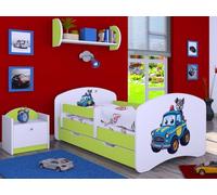 Happy Babies Lit d'enfant - Avec protection anti-chute - 140 x 70 cm - Pour chambre d'enfant - Avec tiroir et matelas - Lit simple pour enfants - Motif chien - Images (vert) (Niebieski piesek)