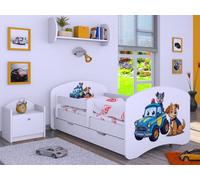 Happy Babies Lit d'enfant - Avec protection anti-chute - 140 x 70 cm - Pour chambre d'enfant - Avec tiroir et matelas - Lit simple pour enfants - Motif chien - Jolies images (Patrolowe Pieski)