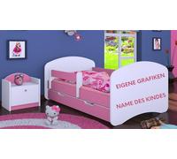 Happy Babies Lit d'enfant - Avec protection anti-chute - 140 x 70 cm - Pour chambre d'enfant - Avec tiroir et matelas - Lit simple pour enfants - Motif propre graphique - Photo du nom de l'enfant