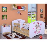 Happy Babies Lit d'enfant - Avec protection anti-chute - 140 x 70 cm - Pour chambre d'enfant - Avec tiroir et matelas - Lit simple pour enfants - Thème de chien (Piesek z czerwona kokarda)
