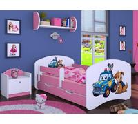 Happy Babies Lit d'enfant - Avec protection anti-chute - 140 x 70 cm - Pour fille - Avec tiroir et matelas - Lit simple pour enfants - Motif chien - Jolies images (rose) (n° 2)