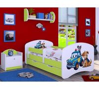Happy Babies Lit d'enfant - Avec protection anti-chute - 140 x 70 cm - Pour fille - Avec tiroir et matelas - Lit simple pour enfants - Motif chien - Images (vert) (Patrolowe Pieski)