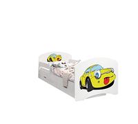 Happy Babies - LIT D'ENFANT DOUBLE FACE AVEC TIROIR Design moderne avec bords sécurisés et matelas en mousse antichute 7 cm (Une Petite Voiture Jaune, 180x90)