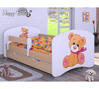 Happy Babies - LIT D'ENFANT DOUBLE FACE AVEC TIROIR Design Moderne Avec Bords Sécurisés et Protection Contre les chutes Matelas en Mousse 7 cm Poire claire (Ours en peluche avec noeud, 160/80)