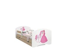 Happy Babies - LIT D'ENFANT DOUBLE FACE AVEC TIROIR Design Moderne Avec Bords Sécurisés et Protection Contre les chutes Matelas en Mousse 7 cm Poire claire (Princesse à cheval, 180/90)