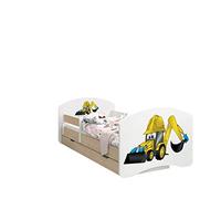 Happy Babies - LIT D'ENFANT DOUBLE FACE AVEC TIROIR Design Moderne Avec Bords Sécurisés et Protection Contre les chutes Matelas en Mousse 7 cm Poire claire (Excavateur, 140/70)