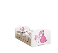 Happy Babies - LIT D'ENFANT DOUBLE FACE AVEC TIROIR Design Moderne Avec Bords Sécurisés et Protection Contre les chutes Matelas en Mousse 7 cm Poire claire (Princesse à cheval, 160/80)