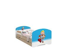 Happy Babies - LIT D'ENFANT DOUBLE FACE AVEC TIROIR Design Moderne Avec Bords Sécurisés et Protection Contre les chutes Matelas en Mousse 7 cm Poire claire (Bob le constructeur, 190/90)
