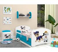 Happy Babies Lit enfant avec protection antichute garçon 160x80 Lit pour chambre d'enfant avec matelas à tiroir Lit individuel pour enfant bleu motif chien