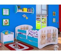 Happy Babies Lit enfant garçon - 140 x 70 cm - Avec protection anti-chute - Avec tiroir et matelas - Lit simple pour enfant - Blanc/bleu Sweet BUBU (N.4)