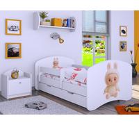 Happy Babies Lit enfant garçon - 140 x 70 cm - Avec protection anti-chute - Avec tiroir et matelas - Lit simple pour enfant - Blanc Sweet BUBU (N.2)