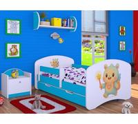 Happy Babies Lit enfant garçon - 140 x 70 cm - Avec protection anti-chute - Avec tiroir et matelas - Lit simple pour enfant - Blanc/bleu Sweet BUBU (N.2)