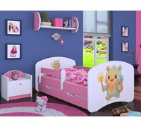 Happy Babies Lit enfant garçon - 140 x 70 cm - Avec protection anti-chute - Avec tiroir et matelas - Lit simple pour enfant - Blanc/rose - Sweet BUBU (N.3)