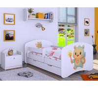Happy Babies Lit enfant garçon - 140 x 70 cm - Avec protection anti-chute - Avec tiroir et matelas - Lit simple pour enfant - Blanc Sweet BUBU (N.3)