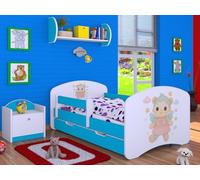 Happy Babies Lit enfant garçon 140 x 70 cm, avec protection anti-chute, pour chambre d'enfant, avec tiroir et matelas, lit simple, pour enfant, blanc/bleu, Sweet BUBU (N. 1)