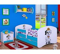 Happy Babies Lit enfant garçon - Avec protection anti-chute - 140 x 70 cm - Avec tiroir et matelas - Lit simple pour enfant - Blanc - Police chiens (bleu, 140 x 70 cm)