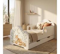 Happy Babies Lit pour enfant 144 x 82 cm avec tiroir, matelas et sommier à lattes flexibles, blanc, protection contre les chutes - Licorne, pour une fille, lit junior (n° 425)