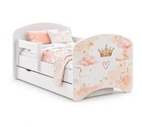 Happy Babies Lit pour enfant - 144 x 82 cm - Blanc - Motif ours et lapin avec arc-en-ciel - Ensemble complet avec matelas et tiroir, cœurs (n° 455)