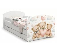 Happy Babies Lit pour enfant - 144 x 82 cm - Blanc - Motif ours et lapin avec arc-en-ciel - Kit complet avec matelas et tiroir (n° 459)