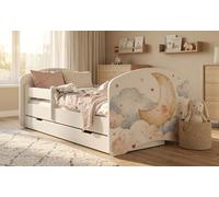 Happy Babies Lit pour enfant - 144 x 82 cm - Blanc - Motif ours et lapin avec arc-en-ciel - Kit complet avec matelas et tiroir (n° 458)