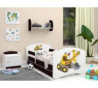 Happy Babies Lit pour enfant - Avec protection anti-chute - 140 x 70 cm - Pour chambre d'enfant - Avec tiroir et matelas - Motif pelleteuse - Blanc (Venge)