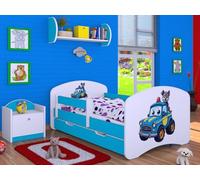 Happy Babies Lit pour enfant, avec protection anti-chute, 140 x 70 cm, pour chambre d'enfant, avec tiroir et matelas, lit simple pour enfants, blanc/bleu, le chien et la police, thème du chien (n° 1)