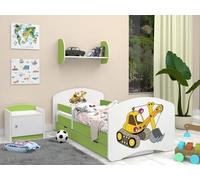 Happy Babies Lit pour enfant - Avec protection anti-chute - 140 x 70 cm - Pour chambre d'enfant - Avec tiroir et matelas - Motif pelleteuse - Blanc - Vert
