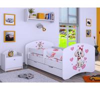 Happy Babies Lit pour enfant - Avec protection anti-chute - 140 x 70 cm - Pour fille - Avec tiroir et matelas - Lit simple pour enfants - Motif chien - Images mignonnes (Piesek z czerowna kokardka)