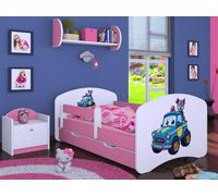 Happy Babies Lit pour enfant - Avec protection anti-chute - 140 x 70 cm - Pour fille - Avec tiroir et matelas - Lit simple pour enfants - Motif chien - Jolies images (rose) (n° 1)