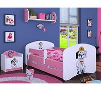 Happy Babies Lit pour enfant garçon - 140 x 70 cm - Avec protection anti-chute - Avec tiroir et matelas - Lit simple pour enfant - Blanc - Police chiens (rose, 160 x 80 cm)