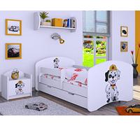 Happy Babies Lit pour enfant garçon - 140 x 70 cm - Avec protection anti-chute - Avec tiroir et matelas - Lit simple pour enfant - Blanc - Police chiens (blanc, 160 x 80 cm)