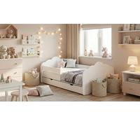 Happy Babies MOBI Lit pour enfant, avec matelas, 80 x 160 cm, blanc, pour chambre d'enfant, garçon, avec protection anti-chute et tiroir de lit