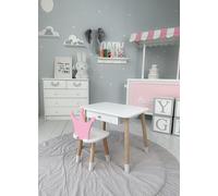 Happy Babies Table pour enfant - Avec 1 chaises et tiroir - Chaise décorative - Groupe de sièges pour enfants - En bois blanc - Petite table pour chambre d'enfant - Dimensions : 46 x 60 x 45 cm