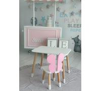 Happy Babies Table pour enfant - Avec 1 chaises et tiroir - Chaise décorative - Groupe de sièges pour enfants - En bois blanc - Petite table pour chambre d'enfant - Dimensions : 46 x 60 x 45 cm