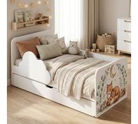 Happy Babies Wolke Lit pour enfant 144 x 76 cm Blanc | Kit complet avec matelas, tiroir et protection contre les chutes | Lit junior (n° 425)