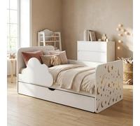 Happy Babies Wolke Lit pour enfant 144 x 76 cm Blanc | Kit complet avec matelas, tiroir et protection contre les chutes | Lit junior (n° 448)