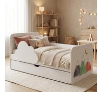 Happy Babies Wolke Lit pour enfant 144 x 76 cm Blanc | Kit complet avec matelas, tiroir et protection contre les chutes | Lit junior (n° 416)