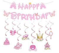 Happy Birthday Banner, 16pcs Bannière Anniversaire Fille, Guirlande Anniversaire Rose, Deco Birthday Party de Fille et de Baby Shower en Papier Découpé, Château, Princesse, Couronne, Carrosse