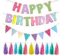 Happy Birthday Bannière Banderole,Guirlande Personnalisée Drapeau Décoration Anniversaire Pastel pour Fille Garcon Fête Party Cérémonie avec Ruban