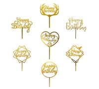 Happy Birthday Cake Topper,7 pcs Decoration Gateau Anniversaire Topper Happy Birthday Acrylique Paillettes Cupcake Toppers,pour Fêtes Anniversaire Enfants Adultes(Or)