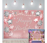 Happy Birthday fête Fond Rose et Argent Paillettes Ballons Fond Bokeh Princesse Fille Dame fête d'anniversaire gâteau décoration de Table bannière photomaton
