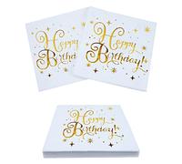 Happy Birthday Lot de 60 serviettes en papier pour anniversaire, 33 x 33 cm, pour homme, femme, fille, décoration de fête d'anniversaire, blanc et doré