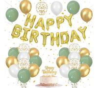 Happy Birthday Set, Ballons Anniversaire Vert Or et Blanc, Ballon Happy Birthday, Topper, pour Deco Anniversaire Femme Homme, Joyeux Anniversaire Decoration