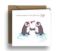 Happy Birthday to My Beautiful Wife - Penguins in Love | Carte pliée carrée (15 x 15 cm) - Enveloppe kraft incluse - Intérieur vierge