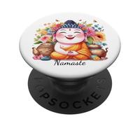Happy Buddha Yoga Namaste avec thé et Fleurs PopSockets PopGrip Adhésif