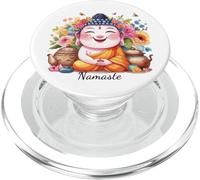 Happy Buddha Yoga Namaste avec thé et Fleurs PopSockets PopGrip pour MagSafe